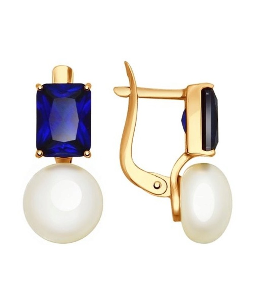 Gold earrings with blue corundum and pearls