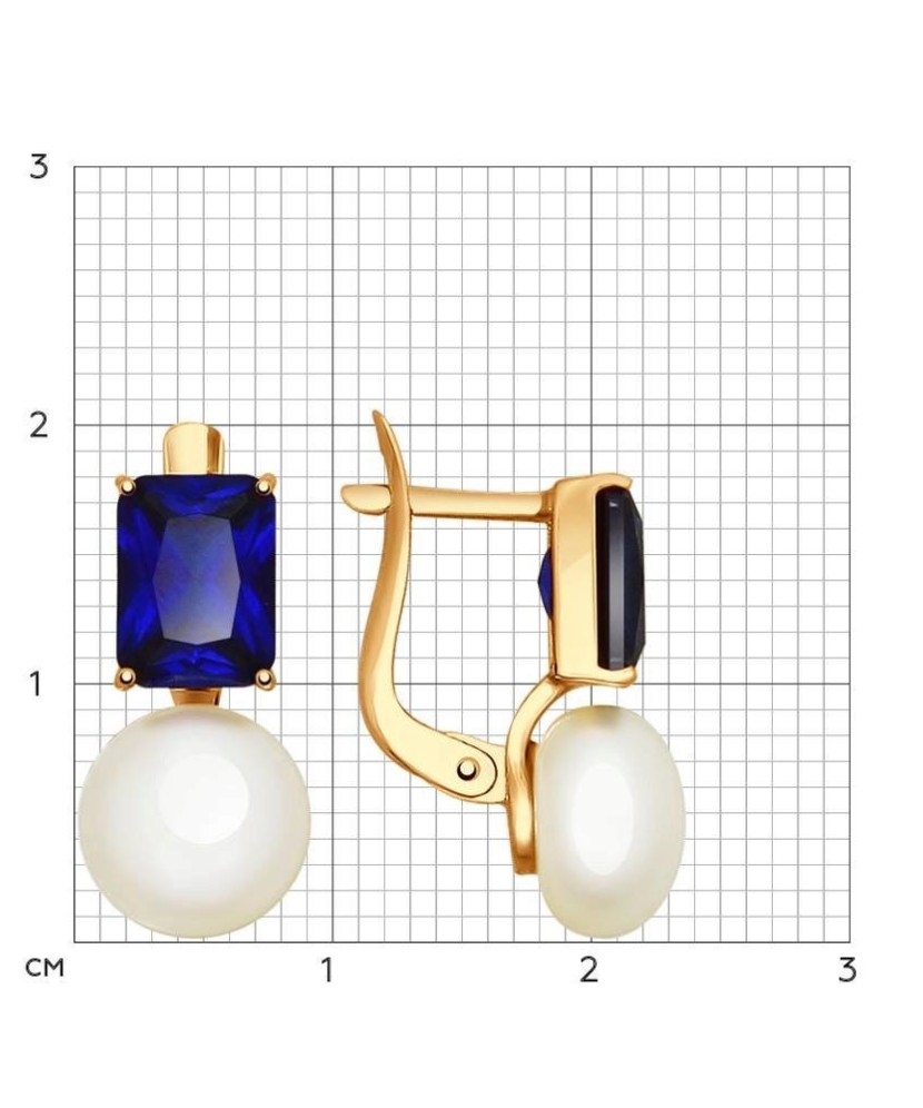 Gold earrings with blue corundum and pearls