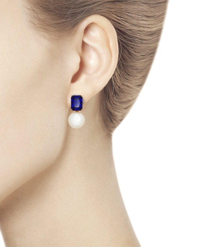 Auksiniai auskarai su mėlynuoju korundu ir perlais - Auskarai su perlais - Goldinga