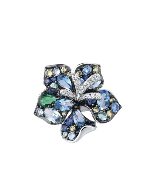 Silver ring with zircons and spinels "Flower"