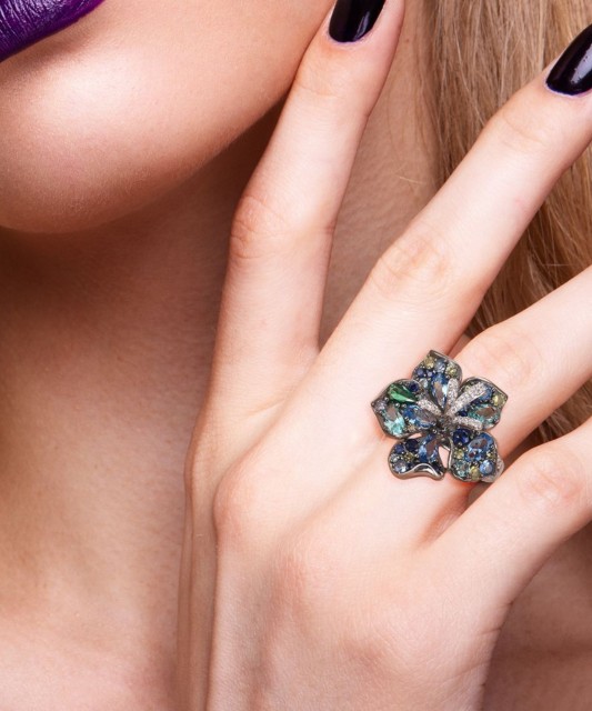 Silver ring with zircons and spinels "Flower"