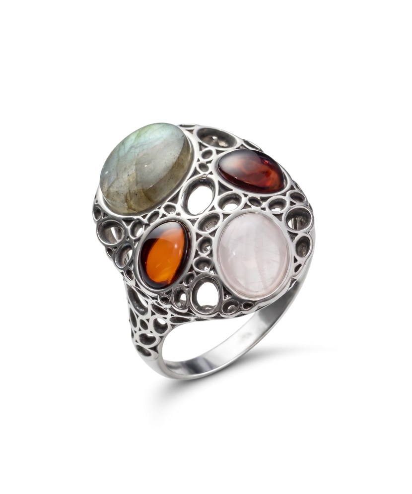 Sterling Silver ring with amber and labradorite