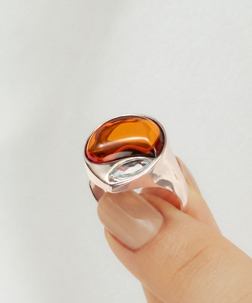 Sterling Silver ring with amber and topaz