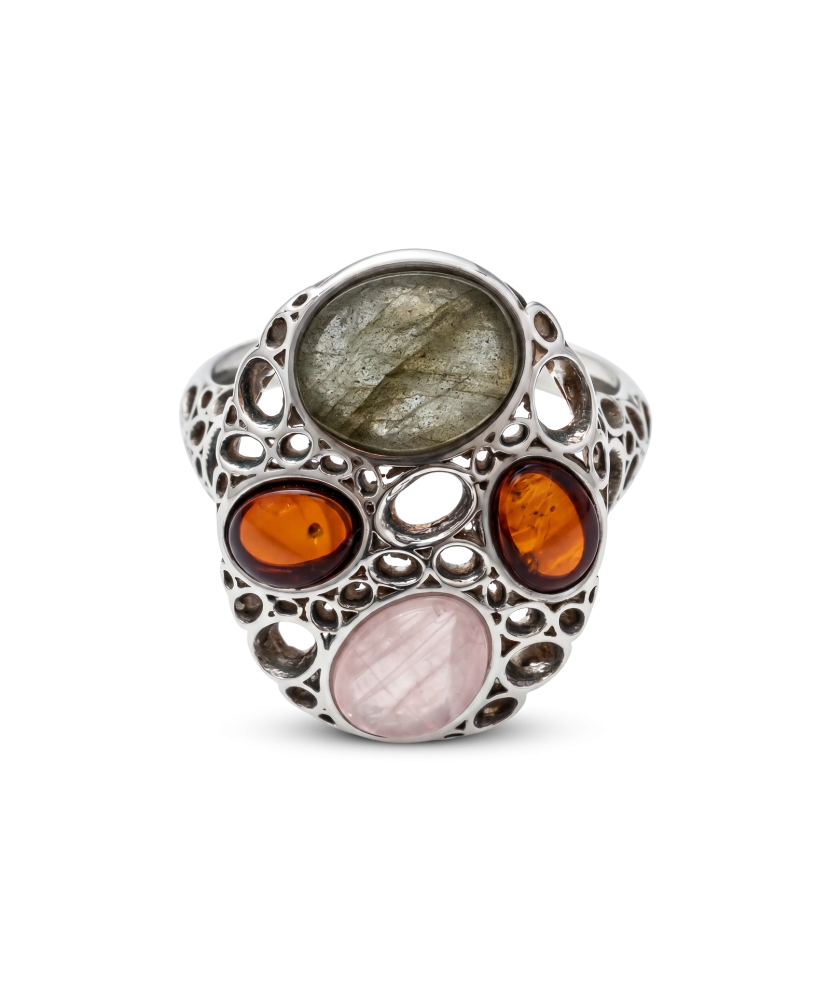Sterling Silver ring with amber and labradorite