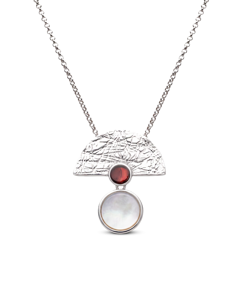 Sterling Silver chain with amber and mother-of-pearl pendant