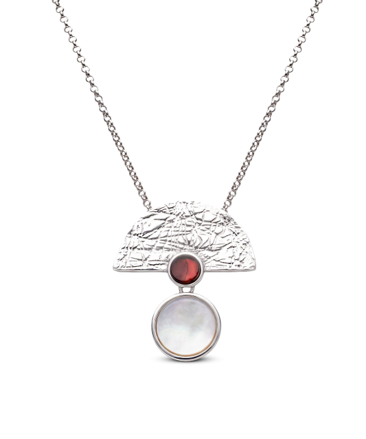 Sterling Silver chain with amber and mother-of-pearl pendant