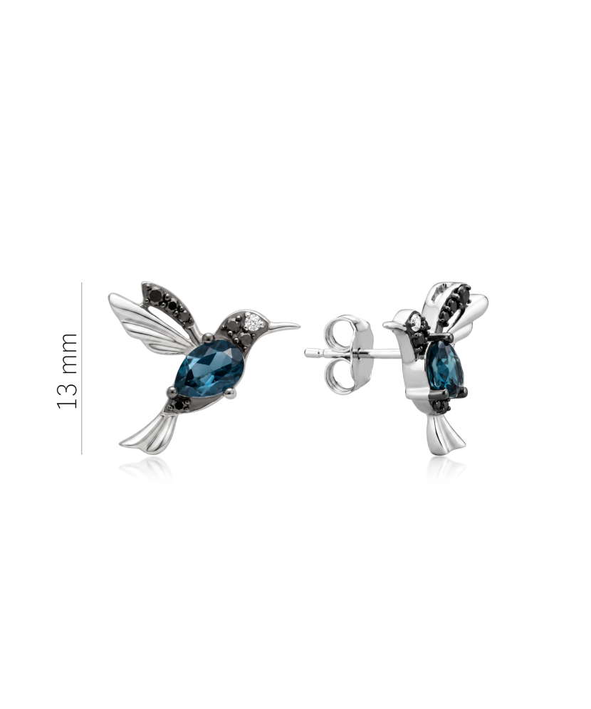 White gold earrings with diamonds, black diamonds and topazes