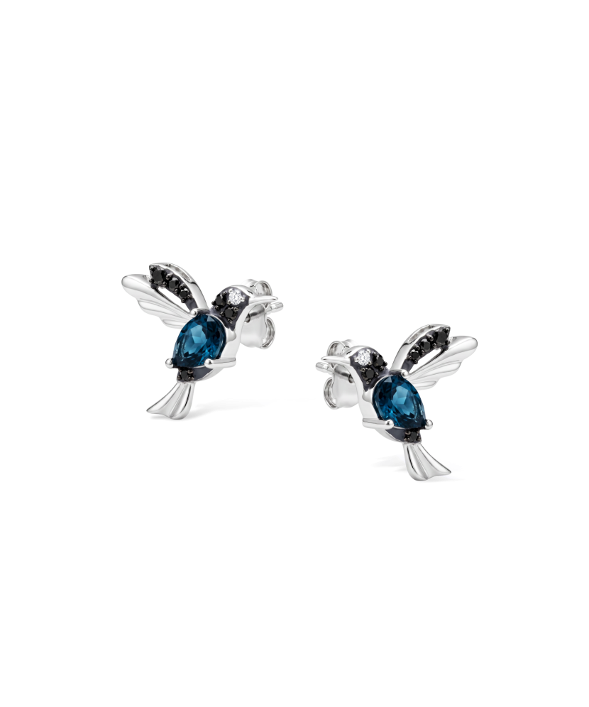 White gold earrings with diamonds, black diamonds and topazes