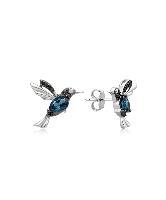 White gold earrings with diamonds, black diamonds and topazes