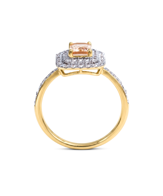 Yellow gold ring with diamonds and morganites