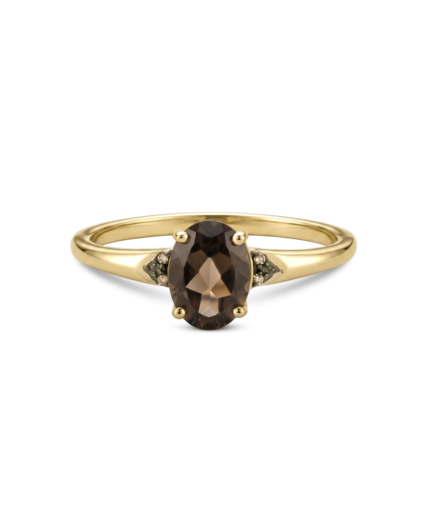 Yellow gold ring with diamonds and smoky quartz