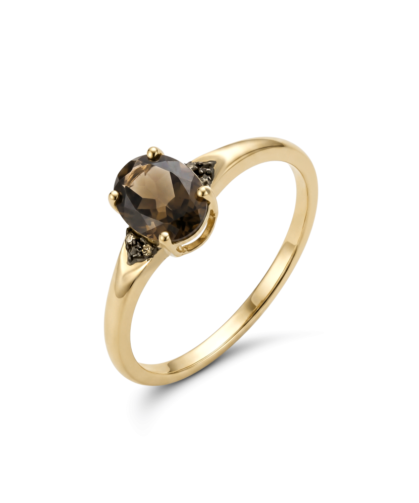 Yellow gold ring with diamonds and smoky quartz