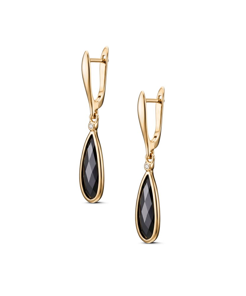 Gold earrings with black agates and diamonds