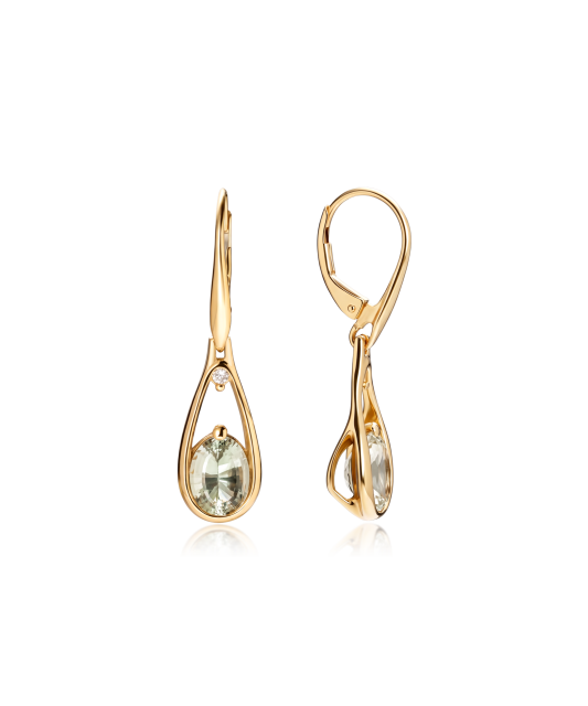 Gold earrings with green amethysts and diamonds