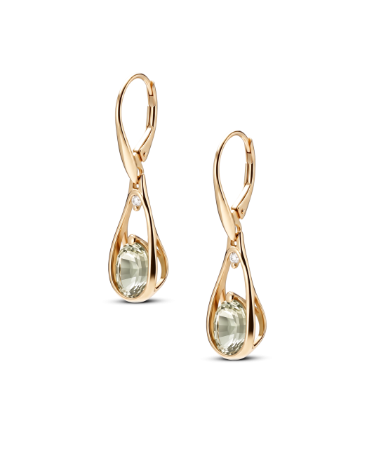 Gold earrings with green amethysts and diamonds