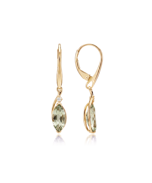 Gold earrings with green amethysts and diamonds
