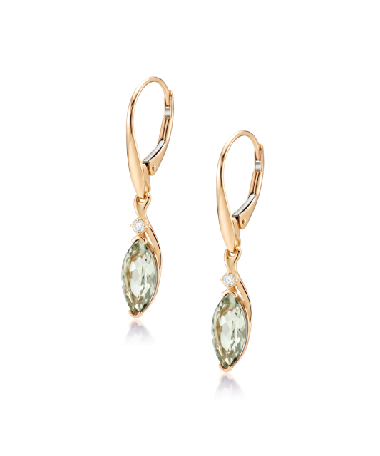 Gold earrings with green amethysts and diamonds