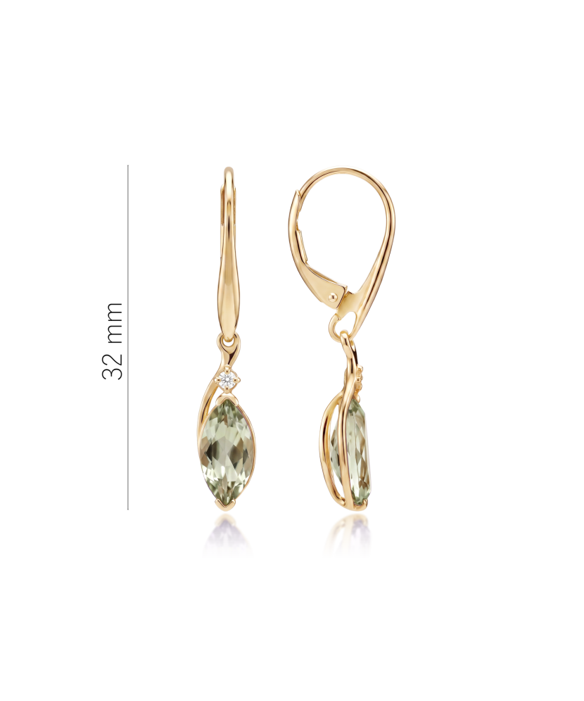 Gold earrings with green amethysts and diamonds