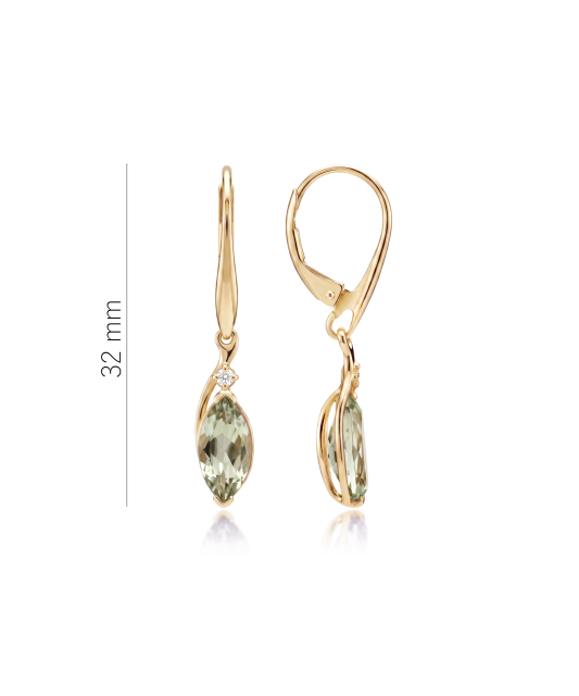 Gold earrings with green amethysts and diamonds