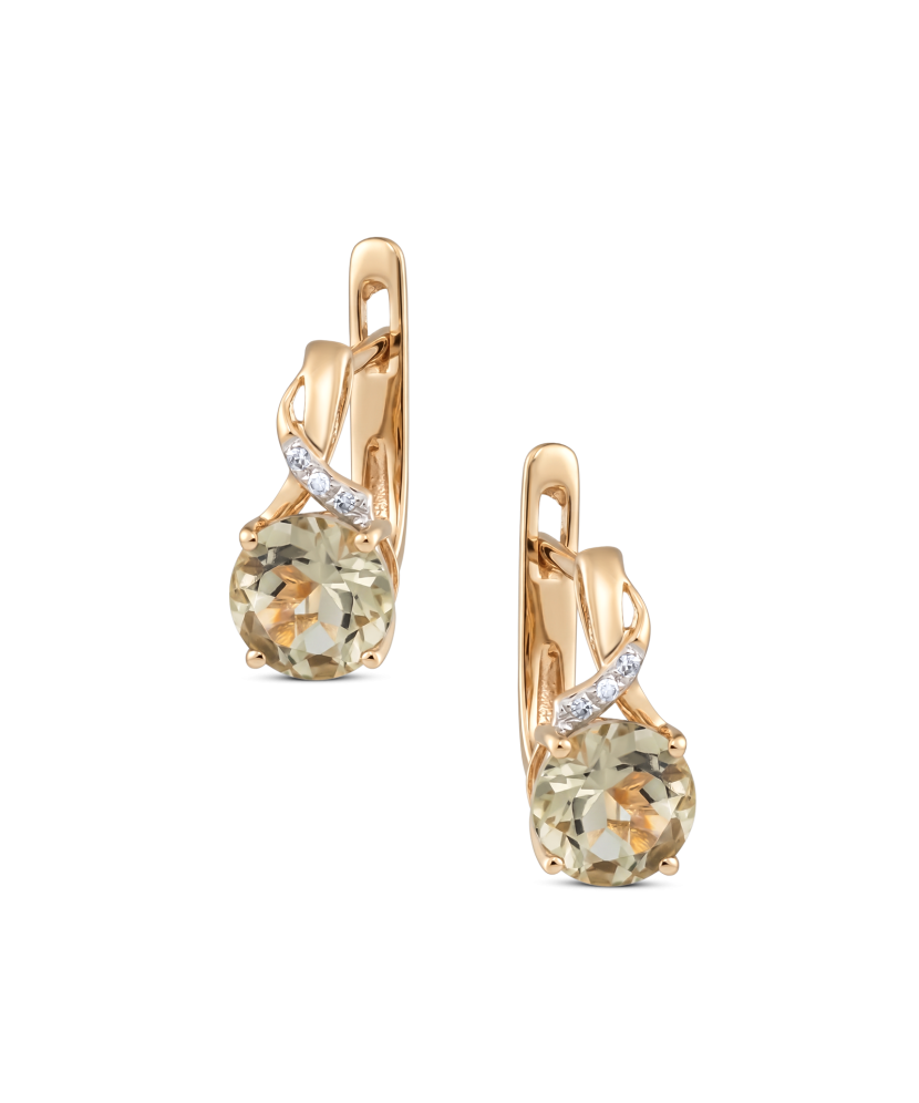 Gold earrings with green amethysts and diamonds