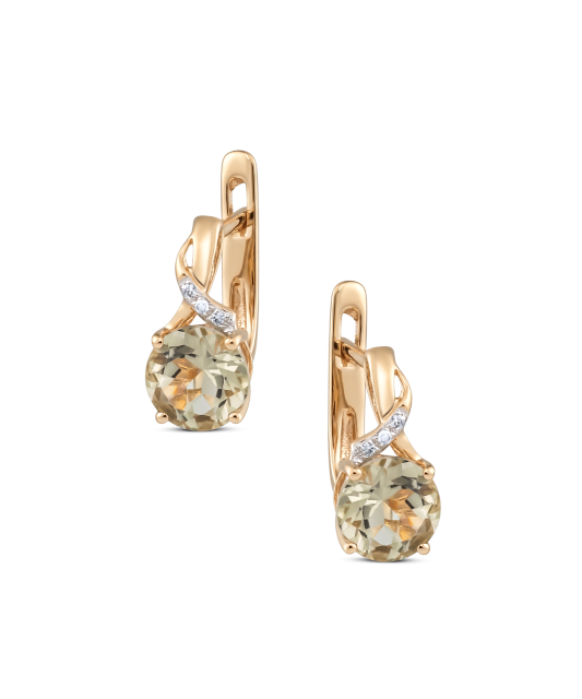 Gold earrings with green amethysts and diamonds