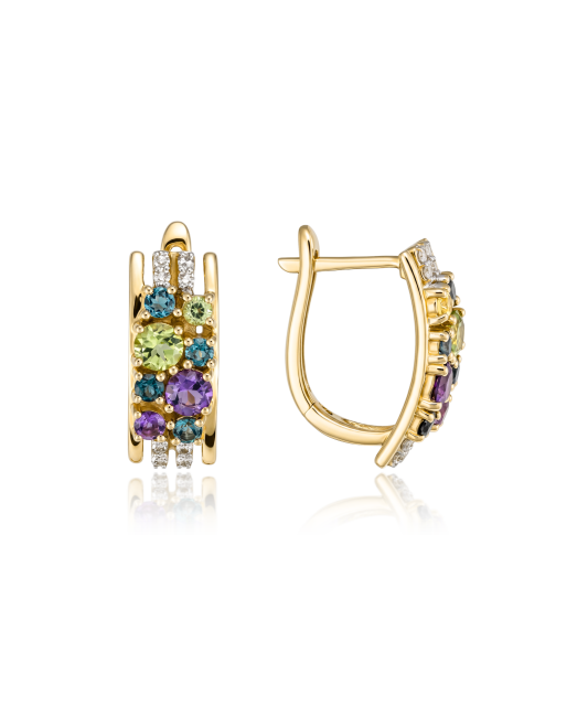 Yellow gold earrings with diamonds, amethysts, topazes and green amethysts