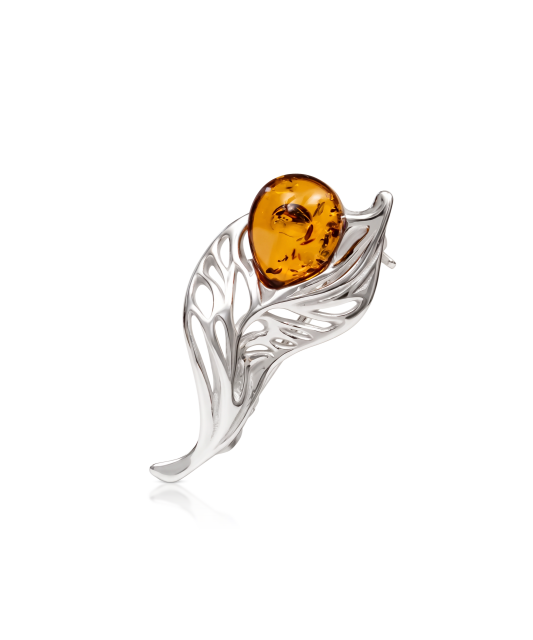 Hopeinen rintaneula meripihkalla