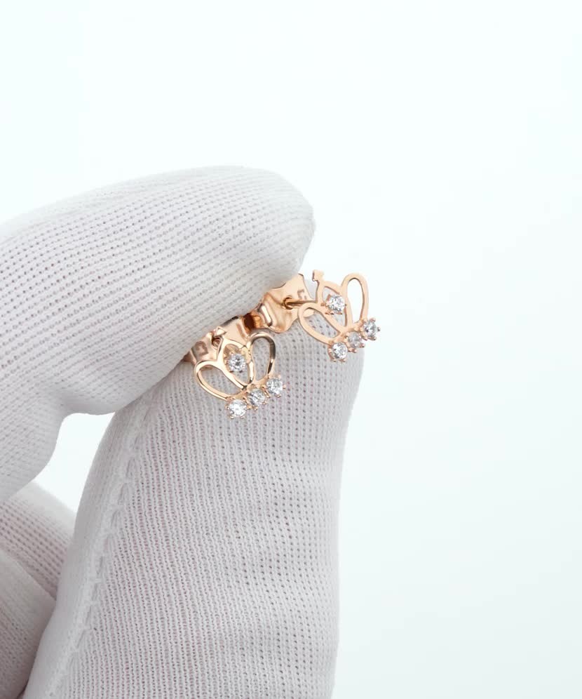 Gold earrings with zircons "crown"