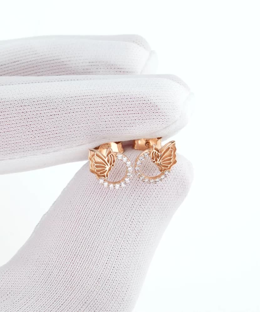 Gold earrings with zircons "Butterflies"
