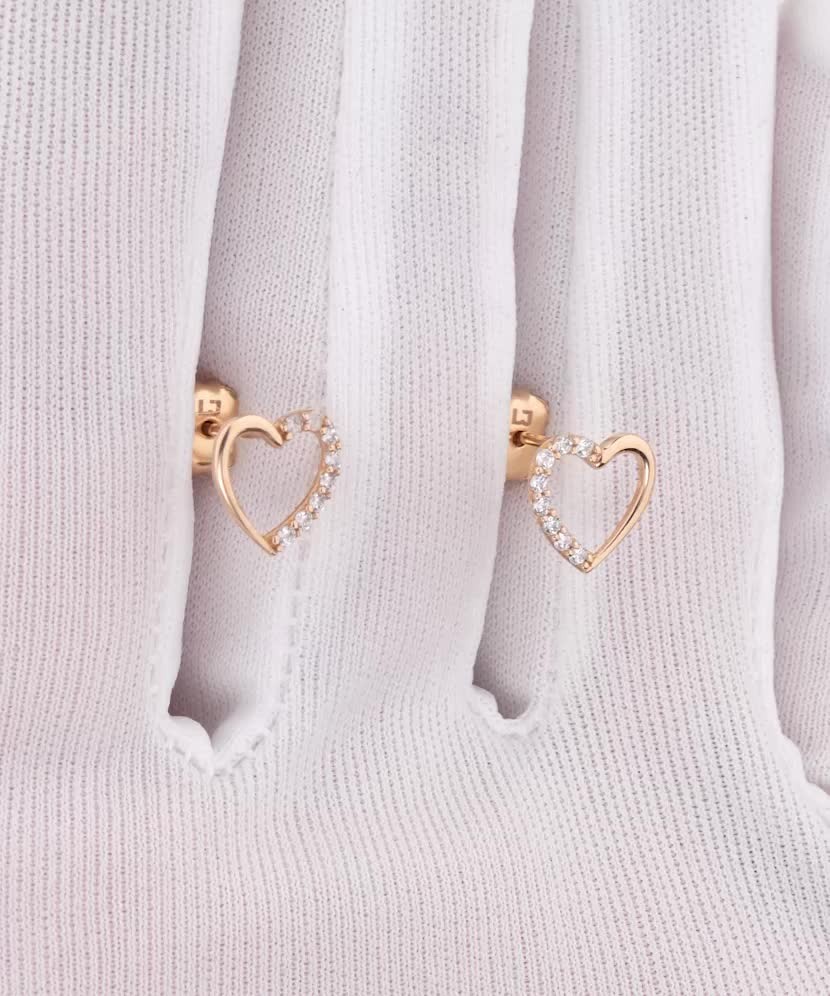Gold earrings with zircons "heart"
