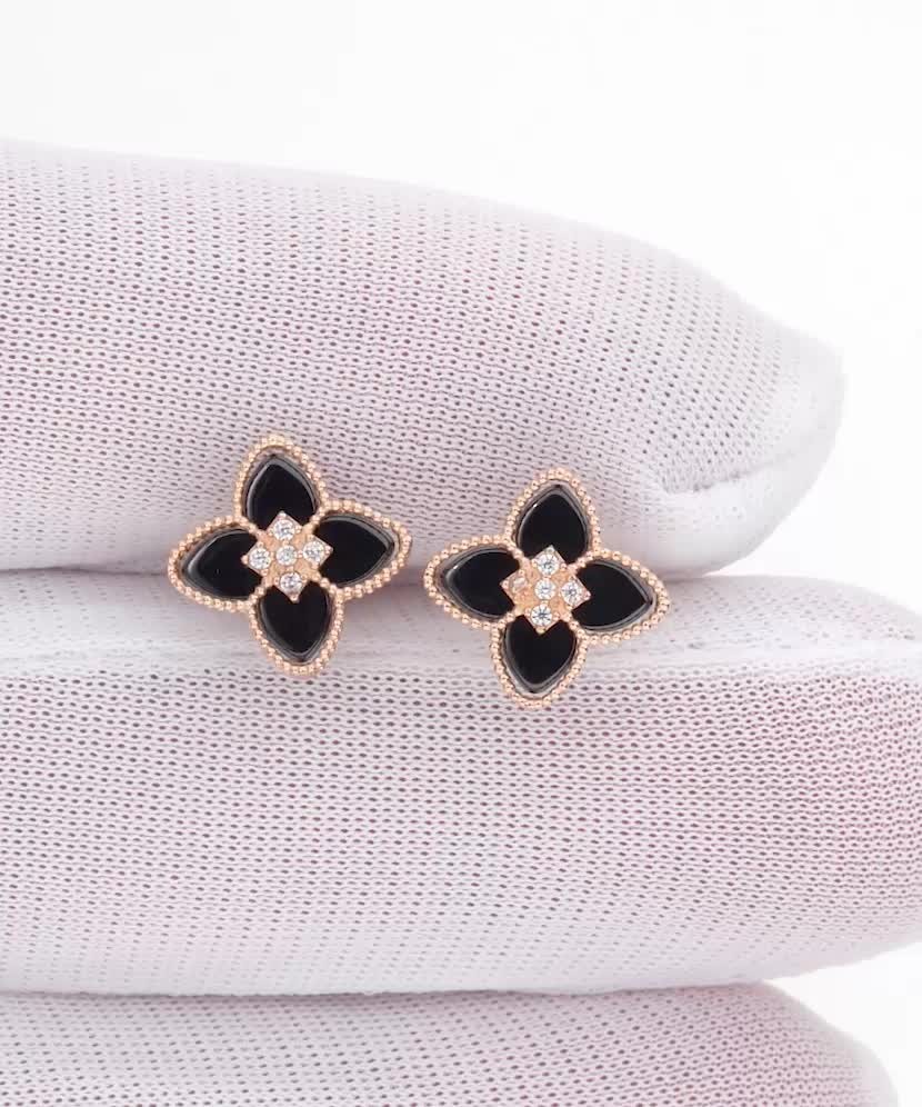 Gold earrings with onyx and cubic zirconia