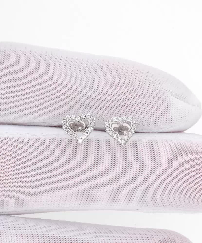 White gold earrings with zircons "heart"