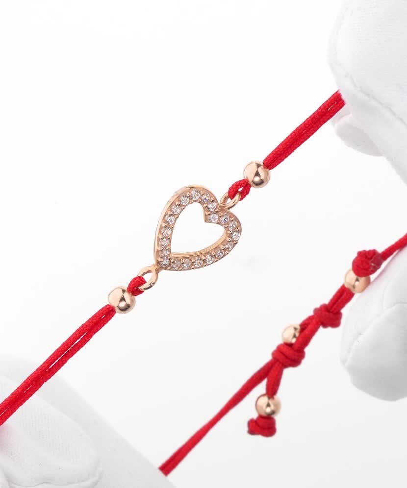 Red string bracelet with gold zirconia pendant “Heart”
