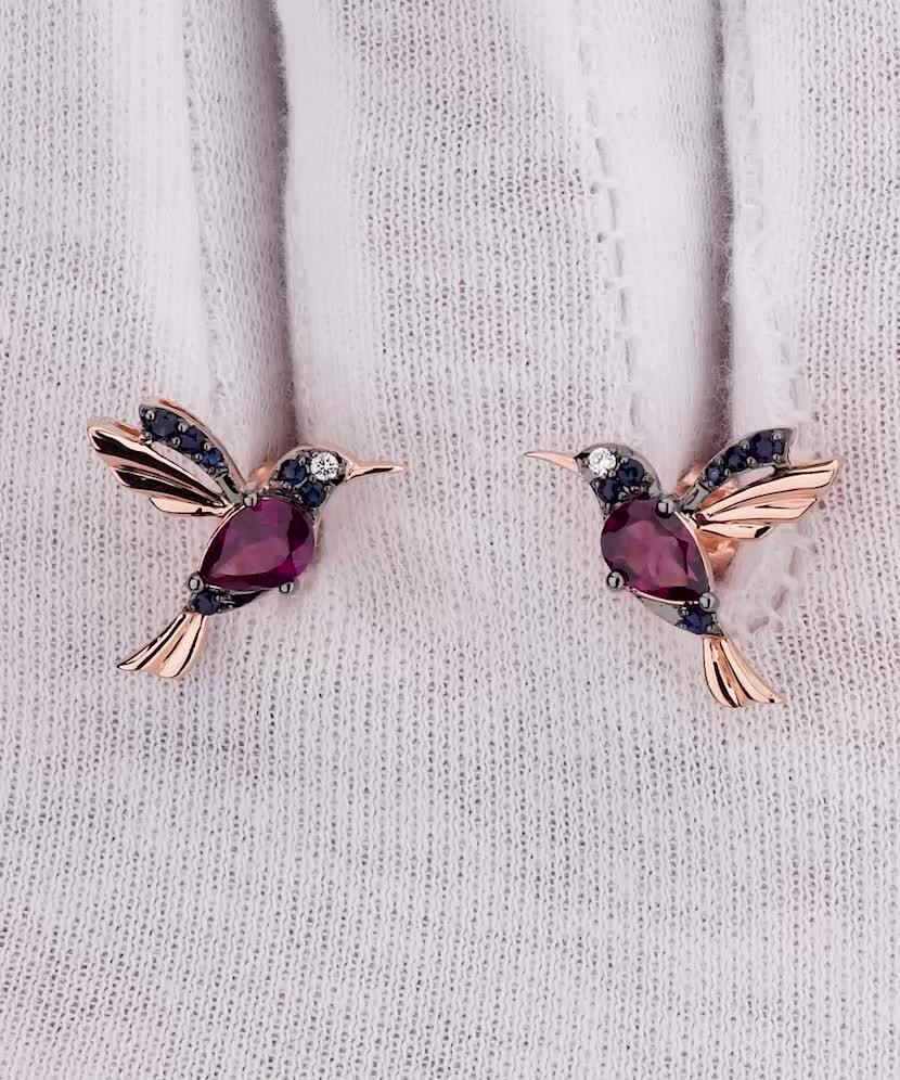 Gold earrings with brilliants, rhodolites and sapphires