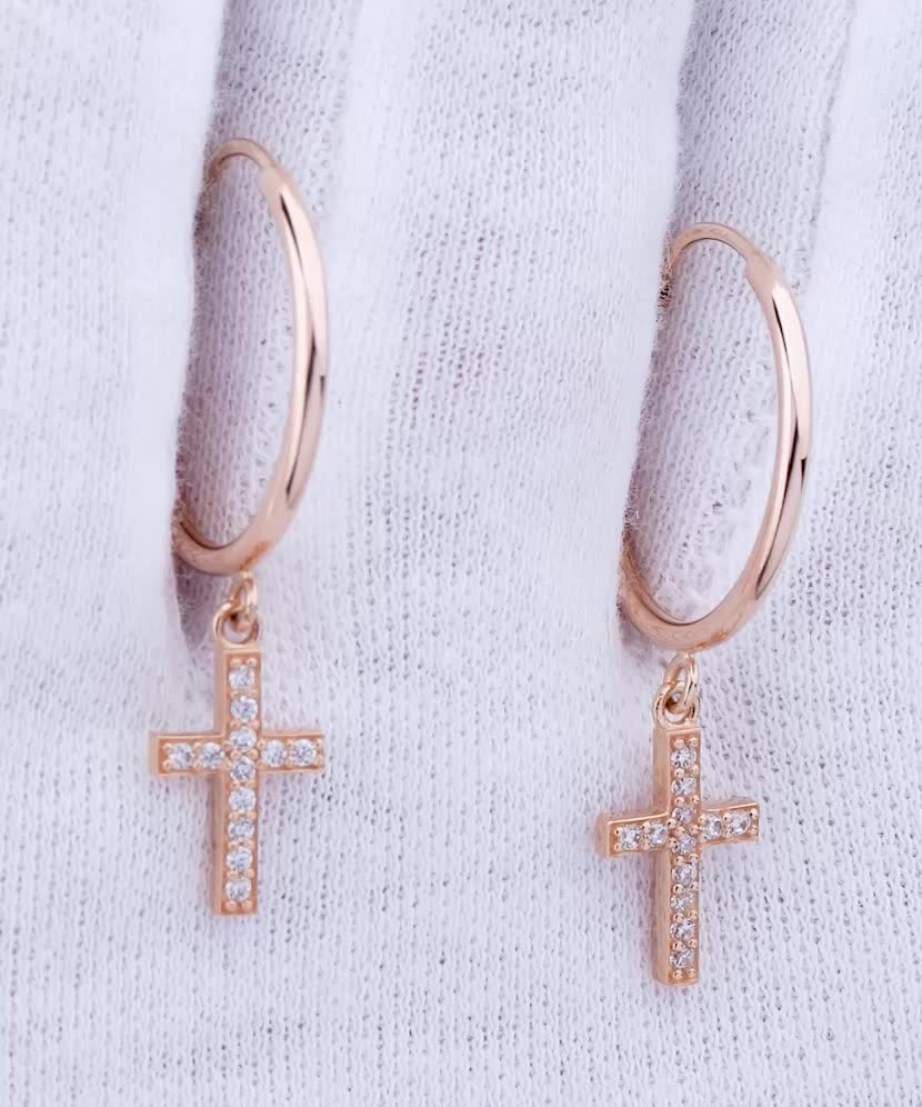 Gold earrings with zircons „cross“