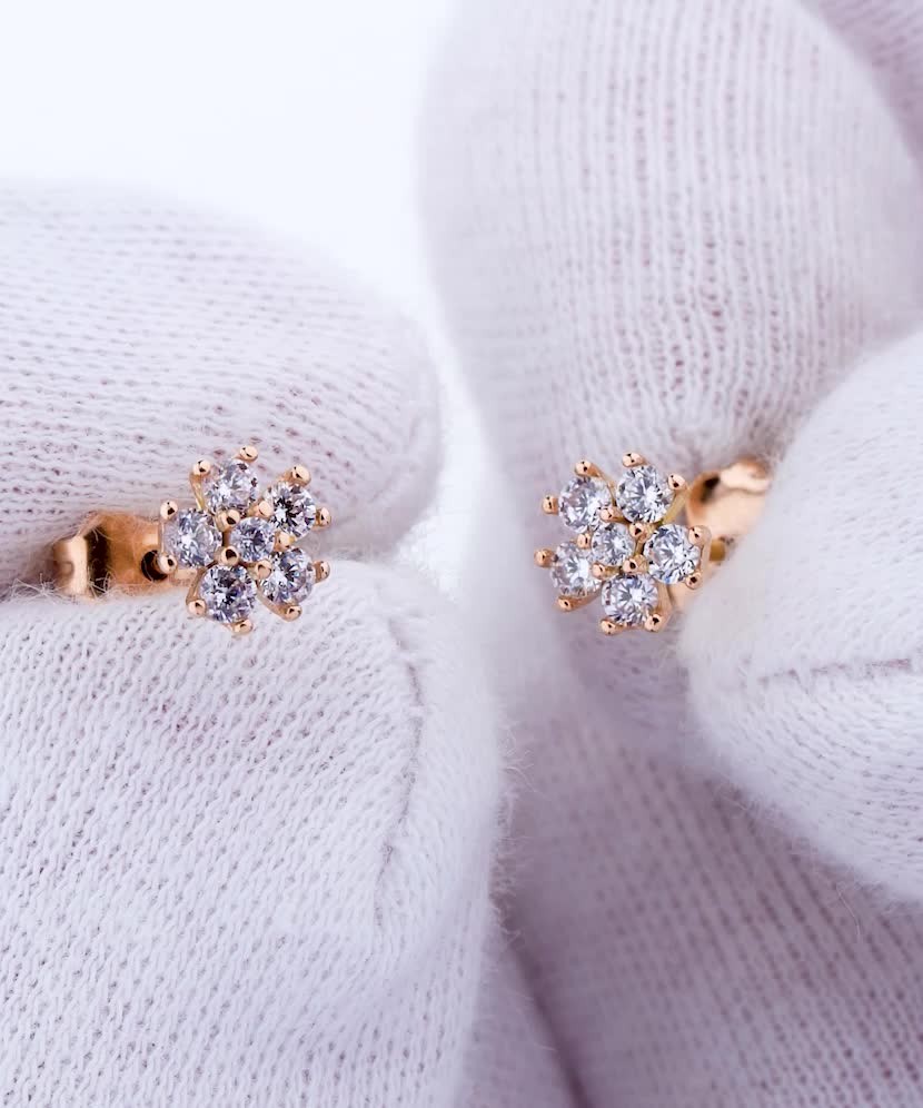 Gold earrings with zircons "Flowers"