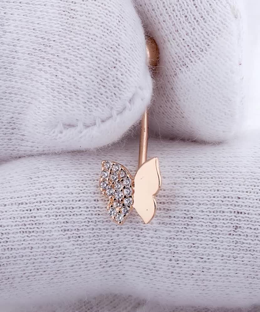 Gold Belly Button Ring with zirconium "butterfly"