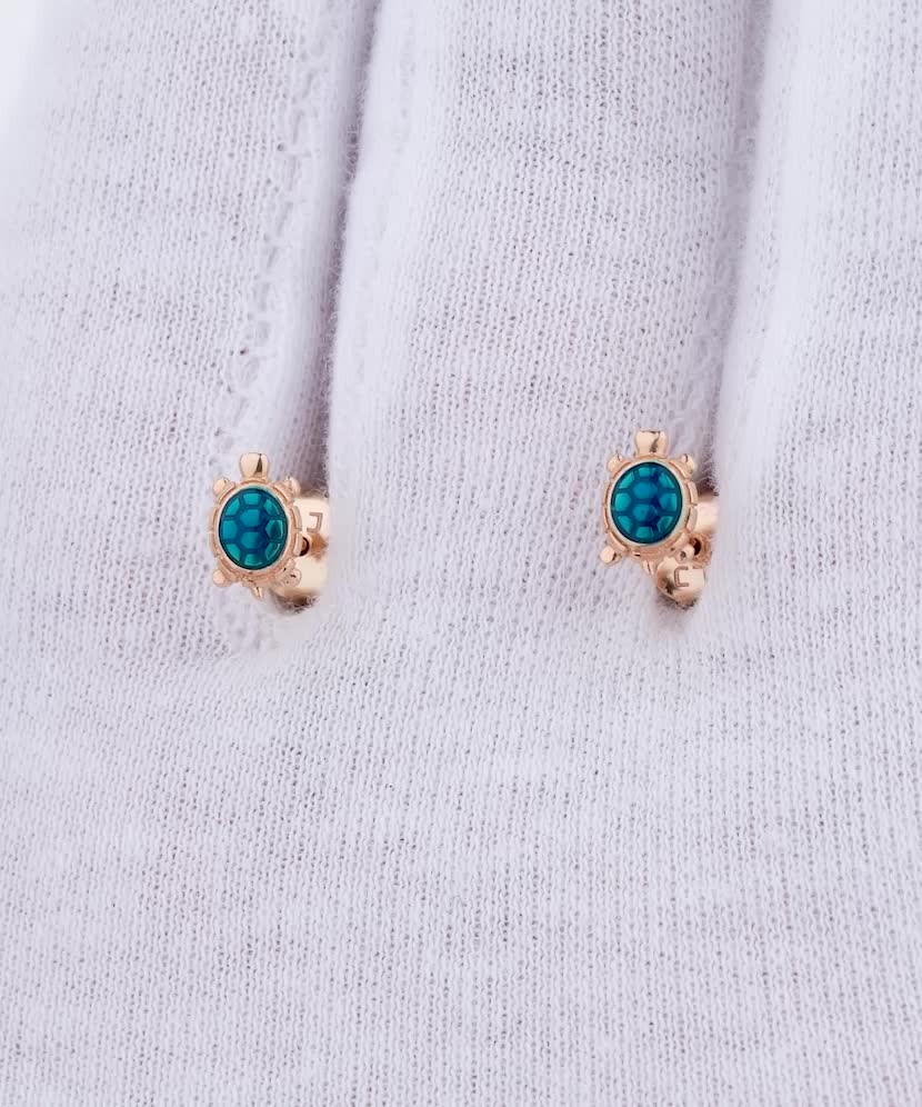 Gold earrings with enamel "turtles"